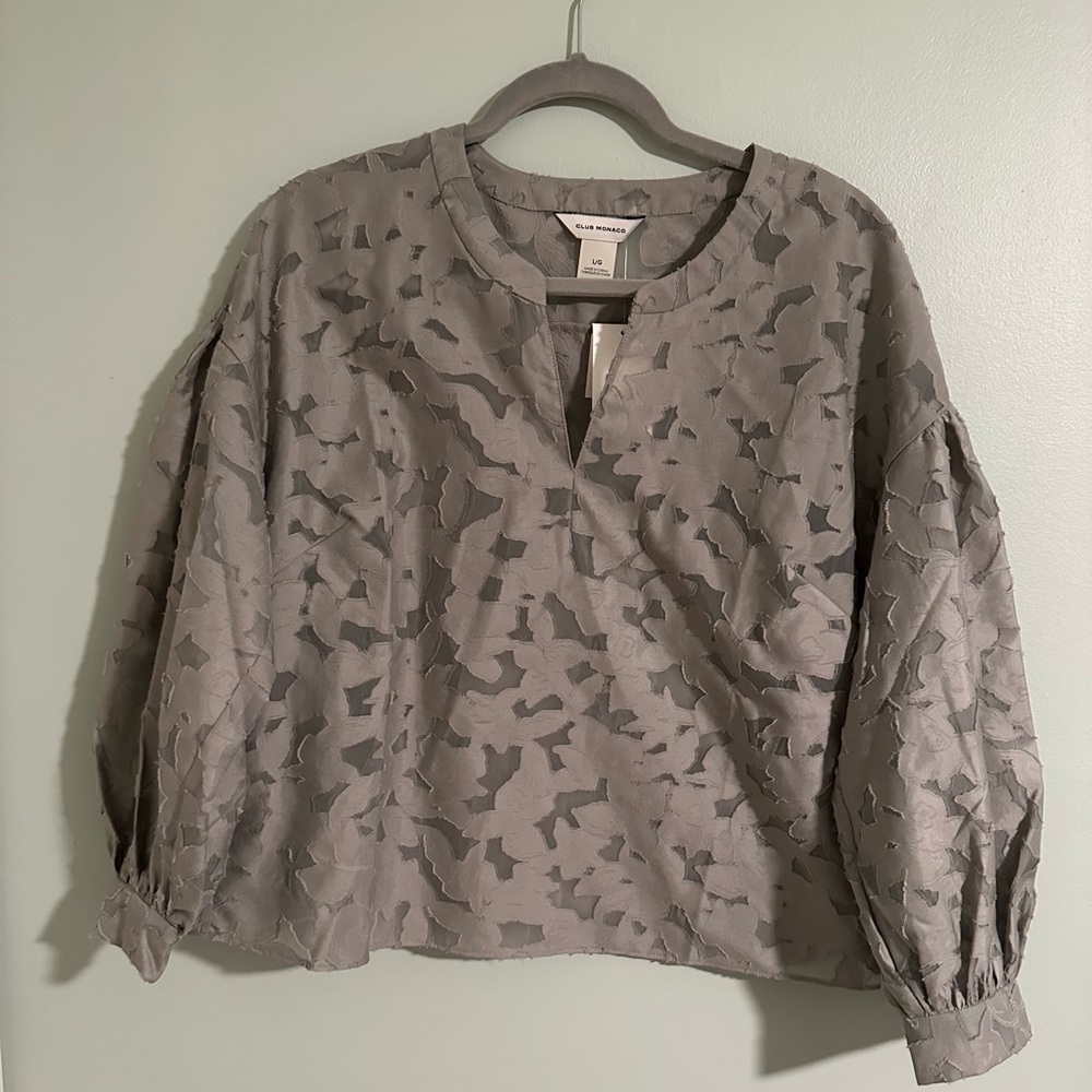 Club Monaco blouse, light green, translucent floral pattern